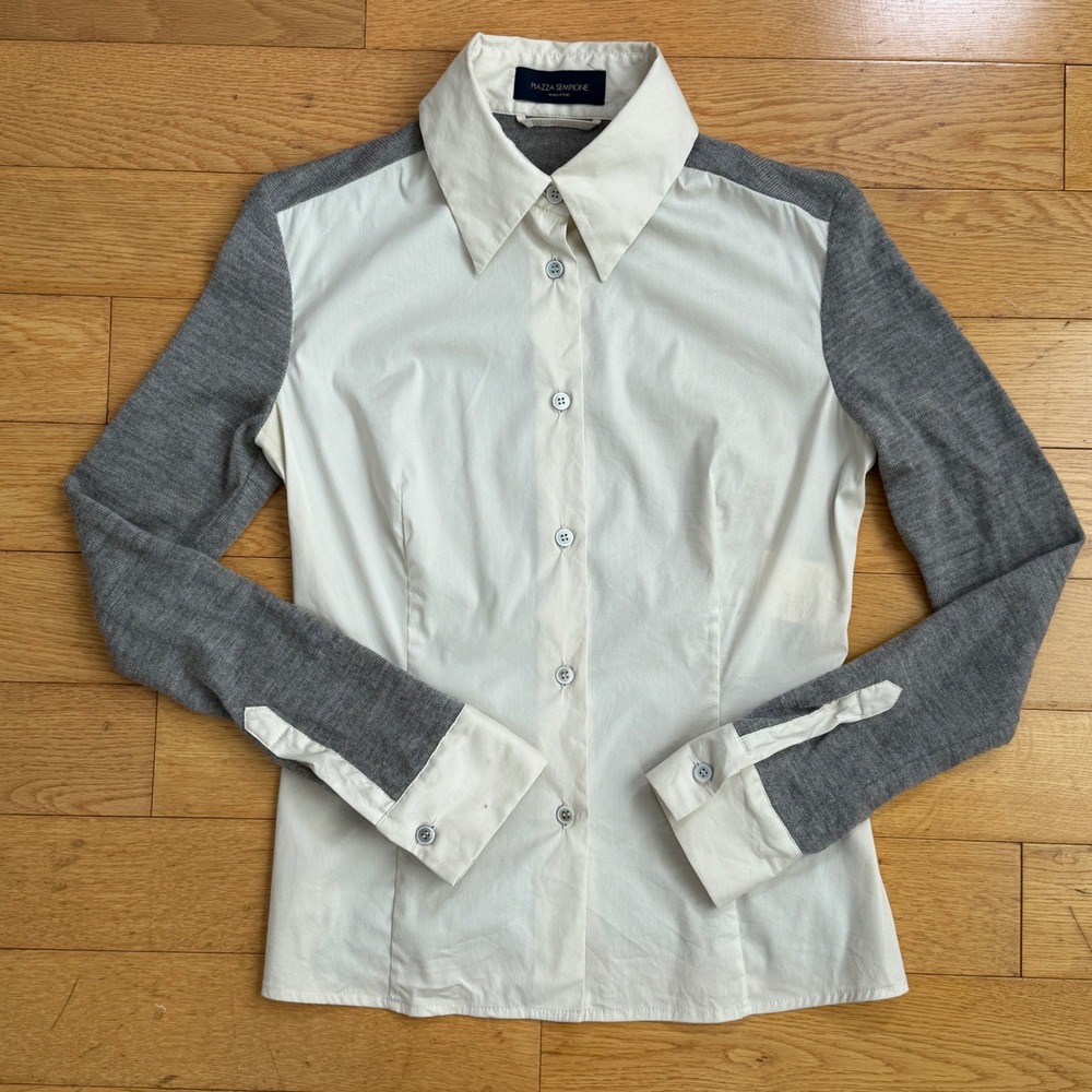 Piazza Sempione Womens 40‎ IT Shirt White Cotton Blend Grey Wool Knit Sleeves